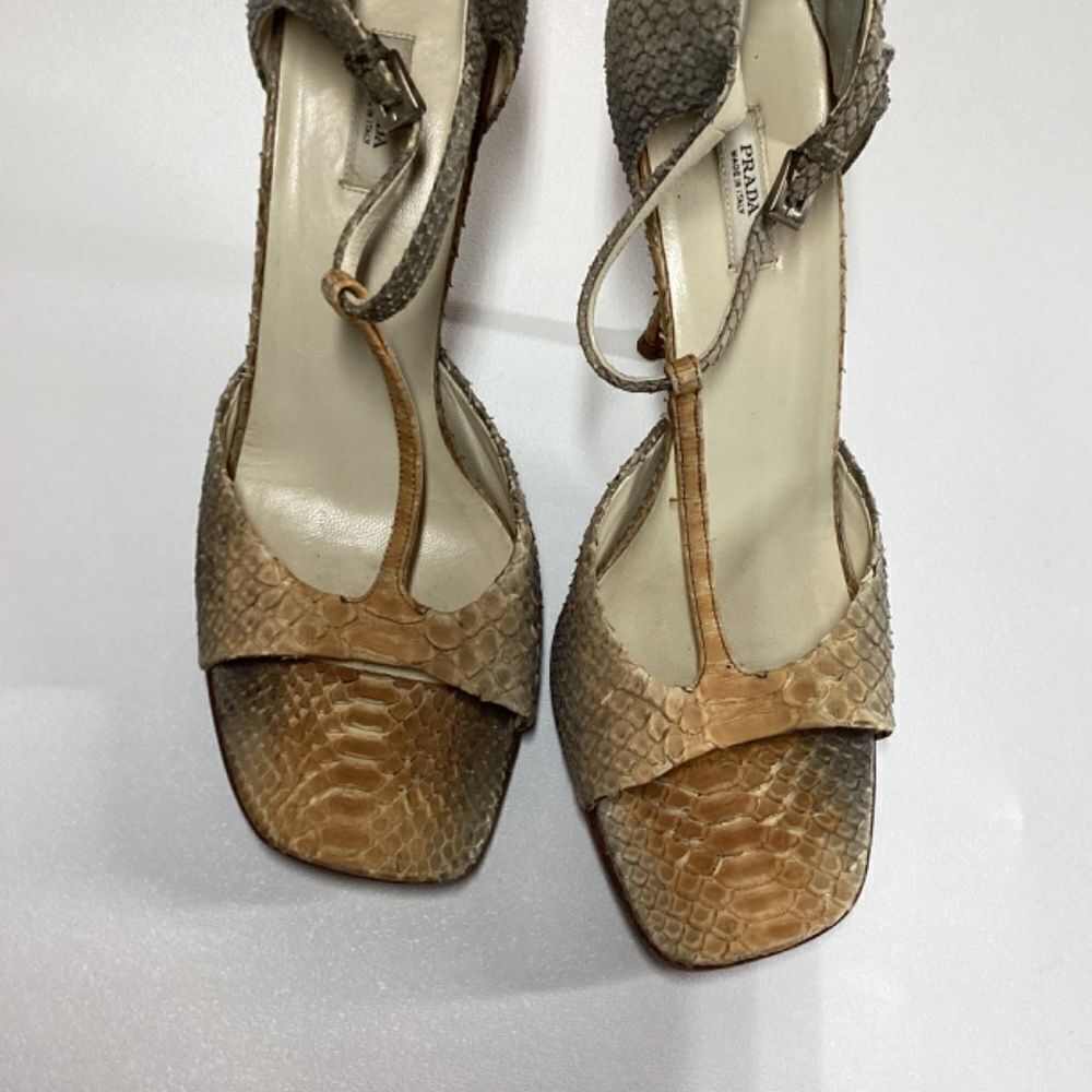Prada Brown Tan Snakeskin T-Strap Heels - Picture 3 of 15